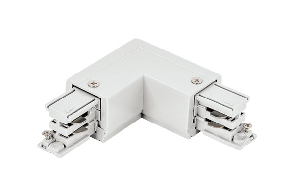 "L" shape connector with external earth connection for 3-pole track (90-degree connection), White